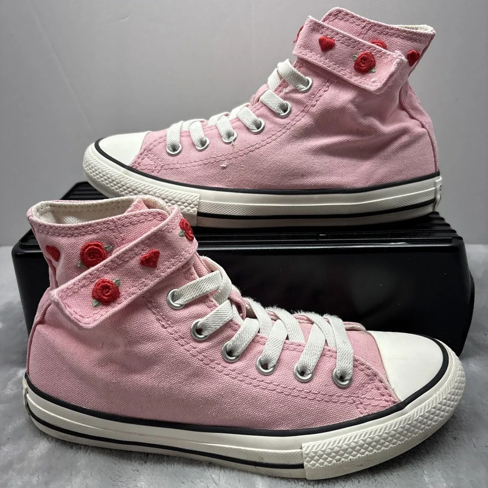 Converse High Top Sneakers Youth Sz 2 Pink Rose Heart Embroidered Chuck Taylor